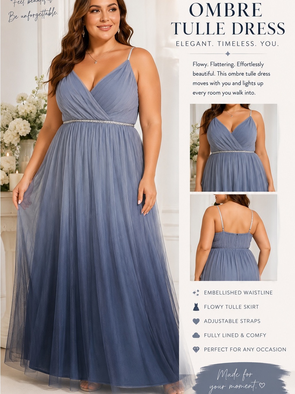 Plus-Size Ombre Tulle Maxi Dress in Dusty Blue